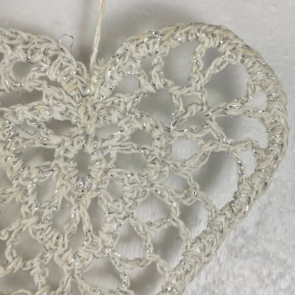 Vintage Ornament Crochet Heart Hand Made White Thread Sparkly Christmas Heart - Picture 2 of 3